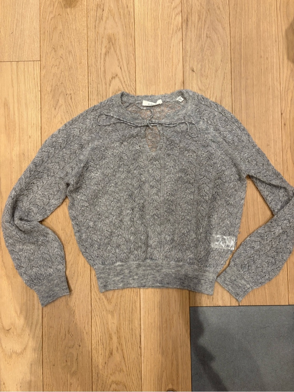 Doen Ophira Heathered Gray Knit Pointelle Tie-Neck Sweater